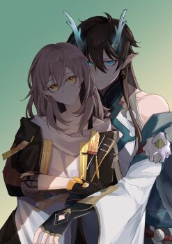 Rule 34 | 1boy, 1girl, absurdres, aqua horns, arm across chest, arm around waist, black gloves, black jacket, blue eyes, bra strap, brown hair, chinese clothes, closed mouth, clothing cutout, commentary request, dan heng (honkai: star rail), dan heng (imbibitor lunae) (honkai: star rail), dragon horns, eastern dragon horns, eyeliner, fingerless gloves, glove cutout, gloves, gradient background, green background, grey hair, hair between eyes, hetero, highres, honkai: star rail, honkai (series), horns, hug, hug from behind, jacket, long hair, looking at viewer, makeup, pointy ears, red eyeliner, shirt, simple background, stelle (honkai: star rail), szlljxk, trailblazer (honkai: star rail), upper body, white shirt, wide sleeves, yellow eyes