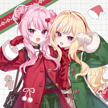 2girls :d bag belt blonde_hair blue_hair bow brown_bag brown_shirt christmas clenched_hand coat commentary cowboy_shot double_bun fur-trimmed_headwear fur_trim gingerbread_man gloves green_coat green_skirt grey_background grid_background hair_bow hair_bun hair_intakes hair_ornament hairband hand_up handbag happy hat heart heart_belt_buckle heart_hair_ornament highres himehina_channel long_hair looking_at_viewer mittens multicolored_hair multiple_girls open_clothes open_coat open_mouth outline partially_unbuttoned pink_hair plaid_bow plaid_clothes plaid_skirt purple_eyes red_belt red_bow red_coat red_gloves red_hair red_hairband red_hat red_ribbon red_scarf ribbon rl_ka_qui santa_hat scarf shirt shirt_tucked_in skirt smile streaked_hair suzuki_hina swept_bangs symbol-only_commentary tanaka_hime two-tone_hair unworn_headwear very_long_hair virtual_youtuber wavy_hair white_bag white_mittens white_outline white_ribbon