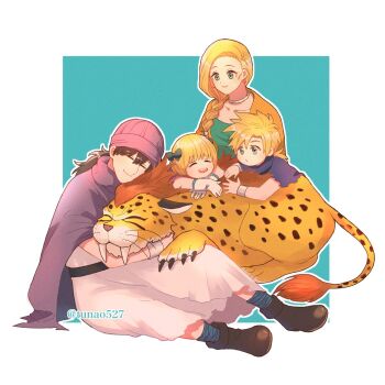 2boys 2girls belt bianca_(dq5) black_hair blonde_hair blue_background blue_cape blue_eyes boots border borongo bow bracelet braid brother_and_sister brown_boots cape collarbone commentary_request dragon_quest dragon_quest_v dress earrings family father_and_daughter father_and_son full_body gloves great_sabrecat green_bow green_dress hair_bow hero's_daughter_(dq5) hero's_son_(dq5) hero_(dq5) highres husband_and_wife jewelry long_hair looking_at_another low_ponytail mother_and_daughter mother_and_son multiple_boys multiple_girls neck_ring orange_cape outdoors outside_border ponytail purple_cape purple_turban short_hair siblings single_braid sitting spiked_hair tsunao527 tunic twins twitter_username white_border white_gloves white_tunic