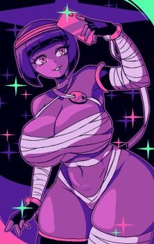 1girl alternate_breast_size_(larger) bandaged_arm bandages black_gloves black_hair breasts cellphone cleavage commentary cowboy_shot fingerless_gloves gloves highres holding holding_phone huge_breasts limited_palette menat naked_bandage navel official_alternate_costume phone quarium selfie smile solo sparkle street_fighter street_fighter_v thick_thighs thighs