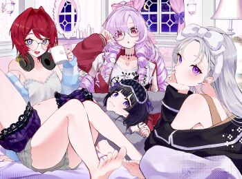 3d_background 4girls :d :o absurdres adjusting_eyewear amon_613 ange_katrina ange_katrina_(6th_costume) arm_support armpit_crease asymmetrical_bangs bare_legs bare_shoulders barefoot black_hair black_shirt blue_cardigan blue_eyes blush bow bow_hairband breasts brown_tank_top camisole cardigan cleavage closed_mouth commentary_request cup drill_hair eyelashes frilled_shorts frilled_tank_top frills glasses gradient_eyes grey_cardigan grey_hair grey_shorts hair_intakes hair_ornament hairband hairclip hand_on_own_chin hand_up head_rest headphones headphones_around_neck highres higuchi_kaede higuchi_kaede_(loungewear) holding holding_cup hyakumantenbara_salome hyakumantenbara_salome_(casual) indoors jacket kneeling long_hair long_sleeves looking_at_viewer lying lying_on_lap mask mask_on_head medium_breasts midriff mirror mug multicolored_eyes multiple_girls navel neck_tattoo nijisanji off_shoulder on_back open_clothes open_jacket open_mouth pink_eyes print_shirt purple_eyes purple_hair purple_shorts purple_tank_top red_hair red_jacket round_eyewear shirt short_hair shorts sitting sleep_mask sleepover sleepwear smile sparkling_eyes strap_slip striped_cardigan tank_top tattoo track_jacket tsukino_mito tsukino_mito_(loungewear) very_long_hair virtual_youtuber watermark white_bow white_camisole white_hairband white_shirt