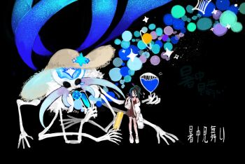 1girl 1other astel_naturalborn_of_the_void black_background elden_ring eldritch_abomination food hand_fan hat highres holding holding_fan ice_cream melo_(_suzume_o_) sun_hat