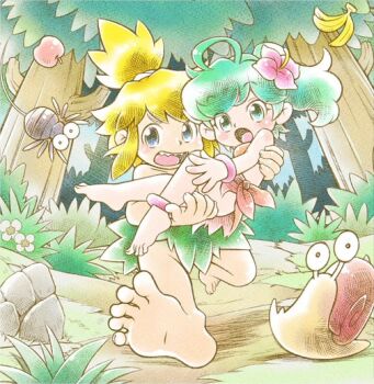 1boy 1girl banana bare_legs barefoot blonde_hair blue_eyes boy_(wonder_boy) bug carrying carrying_person child fangs feet flower food foot_focus fruit green_eyes green_hair jungle jungle_boy legs loli nature running sega shota skirt snail soles spider tanya_(wonder_boy) toes tom-tom tree tribal twintails wonder_boy wonder_boy_(character) wonder_boy_returns