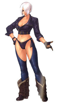 1girl absurdres angel_(kof) blue_eyes boots breasts curvy female_focus gloves highres huge_breasts jacket large_breasts leather looking_at_viewer pale_skin panties short_hair standing the_king_of_fighters thick_thighs thighs underwear white_hair