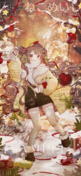 1girl ^_^ animated animated_gif bag bare_tree beret black_boots black_skirt blinking boots boqing_xiao_guafu bow brown_eyes brown_hair cellphone cherry_hair_ornament chinese_commentary christmas christmas_stocking closed_eyes closed_mouth coat commentary_request commission dated double_bun expressionless eyelashes food-themed_hair_ornament footwear_ribbon full_body fur-trimmed_boots fur-trimmed_coat fur_trim gift green_bow grey_thighhighs hair_bow hair_bun hair_ornament happy hat highres holding holding_phone light_blush long_hair long_sleeves looking_at_viewer miniskirt night open_clothes open_coat open_mouth original outdoors pencil_skirt phone puffy_long_sleeves puffy_sleeves red_ribbon ribbon sample_watermark shopping_bag skirt sky smartphone smile snow snowing solo squirrel standing string_of_flags sweater swept_bangs tareme thighhighs too_many_watermarks tree turtleneck turtleneck_sweater very_long_hair watermark wavy_hair white_sweater yellow_coat yellow_hat