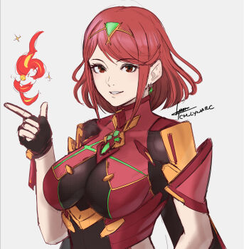 1girl artist_name black_gloves breasts diamond_earrings earrings fingerless_gloves gloves highres jewelry lynarc pyra_(xenoblade) red_eyes red_hair short_hair sketch smile solo teeth tiara upper_body xenoblade_chronicles_(series) xenoblade_chronicles_2