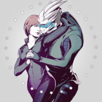 1boy 1girl commander_shepard commander_shepard_(female) couple garrus_vakarian holding_hands mass_effect_(series) stars tumblr turian wei