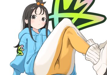 1girl absurdres black_hair blue_hoodie closed_mouth commentary_request cube_hair_ornament from_below grey_eyes hair_ornament highres hood hood_down hoodie kachi_5057 leaning_back leggings lida_(pokemon) long_hair nintendo pokemon pokemon_legends:_z-a ribbed_socks shoes sidelocks sitting socks solo tassel topknot white_background white_shoes white_socks