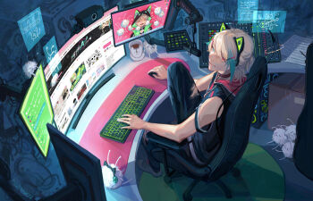 1boy absurdres animal_ear_headphones animal_ears artist_name aza_(virtuareal) blonde_hair box cardboard_box cat_ear_headphones cat_ears chair choker commentary computer_keyboard computer_mouse creature cup desk english_commentary fake_animal_ears from_above full_body gaming_chair headphones highres holographic_monitor indoors male_focus monitor mug multicolored_hair multiple_monitors nijisanji pants paper shannon_xie signature solo streaked_hair swivel_chair virtual_youtuber virtuareal