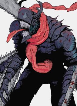 1boy absurdres andrei_(shidanasu) blood chainsaw chainsaw_devil chainsaw_man commentary english_commentary highres intestine_clothing long_tongue male_focus open_mouth sharp_teeth simple_background solo teeth tongue tongue_out white_background