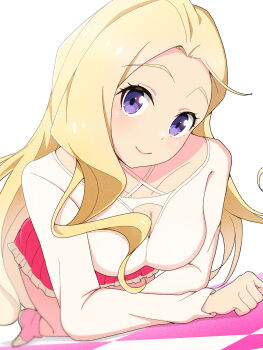 1girl absurdres all_fours blonde_hair breasts checkered_floor cleavage commentary highres ikizulive!_love_live!_bluebird konohana_aurora litecolors_radi long_hair long_sleeves looking_at_viewer love_live! medium_breasts pink_skirt purple_eyes shirt simple_background skirt smile white_background white_shirt