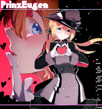 1girl bad_id black_ribbon black_skirt blonde_hair blue_eyes blush breasts character_name cross gloves hageshii_nakano hair_between_eyes hair_ribbon hat heart heart_hands index_finger_raised iron_cross jacket kantai_collection long_hair long_sleeves low_twintails military military_uniform multiple_views peaked_cap prinz_eugen_(kancolle) ribbon skirt smile twintails white_gloves