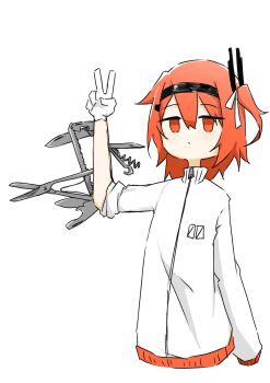 1girl a.i._voice adachi_rei arm_up awl black_hairband closed_mouth corkscrew dot_mouth gloves hair_ribbon hairband high_collar highres jacket kinazuki knife long_sleeves looking_at_viewer medium_hair no_nose one_side_up orange_eyes orange_hair radio_antenna ribbon saw scissors simple_background sleeve_rolled_up solo swiss_army_knife tools upper_body utau v white_background white_gloves white_jacket white_ribbon zipper zipper_pull_tab