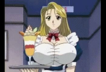 1girl animated animated_gif anime_screenshot apron blonde_hair bouncing_breasts bow bowtie breasts choker cleavage covered_erect_nipples dessert female_focus food frills holding huge_breasts ice_cream indoors koishikawa_nami long_hair lowres nami_koishikawa nami_sos! pillarboxed plate shirt smile solo sundae taut_clothes taut_shirt tray upper_body waitress walking