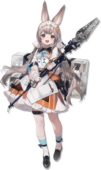 1girl animal_ears arknights brown_hair dress frilled_hairband frills grey_hair hairband holding long_hair long_sleeves looking_at_viewer nishikikope official_art open_mouth orange_eyes orange_skirt rabbit_ears rabbit_girl ribbon ribbon-trimmed_hairband shirt skirt smile solo source_request warmy_(arknights)