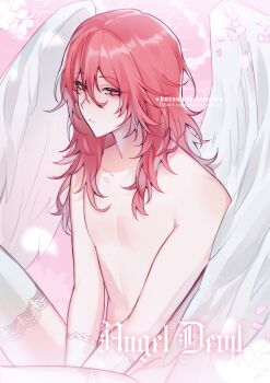 1boy absurdres angel angel_devil_(chainsaw_man) angel_wings chainsaw_man closed_mouth cowboy_shot flower gloves highres lace lace-trimmed_gloves lace-trimmed_thighhighs lace_trim long_hair looking_at_viewer mih0 nude pectorals pink_background red_eyes red_hair thighhighs white_flower white_gloves white_thighhighs wings