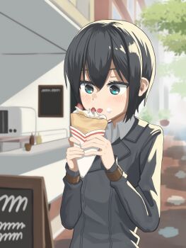 1girl absurdres akts625 androgynous aqua_eyes black_hair black_jacket blush building collared_shirt commentary crepe eating eyelashes food food_on_face fruit hair_between_eyes highres holding holding_crepe holding_food jacket kino_(kino_no_tabi) kino_no_tabi long_sleeves looking_at_object outdoors romaji_commentary shirt shop short_hair sidewalk signboard solo standing strawberry tomboy tongue tongue_out tree two-handed upper_body very_short_hair white_shirt