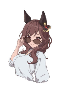 1girl animal_ears braid braided_hair_rings breasts brown_hair closed_mouth commentary_request cropped_torso ear_covers ear_ornament gentildonna_(umamusume) hair_between_eyes hair_ornament hair_rings heart-shaped_ornament heart_ear_ornament horse_ears horse_girl large_breasts long_hair long_sleeves looking_at_viewer peperoncino-sama red_eyes round_eyewear shirt simple_background smile solo sunglasses umamusume white_background white_shirt