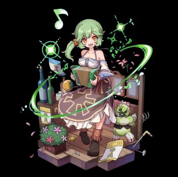 1girl :d arm_guards bare_shoulders black_background bottle breast_rest breasts brown_shoes brown_skirt cleavage collarbone detached_sleeves dress flower flower_bed frilled_skirt frills full_body glowing green_hair hair_between_eyes hair_ornament hair_scrunchie halterneck highres holding large_breasts low_side_ponytail merc_storia merc_storia_art_team motion_lines musical_note official_art open_mouth orange_eyes purple_flower scrunchie shoes simple_background skirt smile solo sonora_(merc_storia) standing tachi-e teeth upper_teeth_only wanted_poster wine_bottle