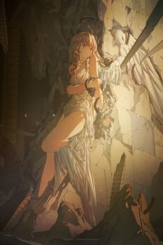 1girl angel angel_wings brown_hair crack cracked_wall english_text female_focus full_body hair_between_eyes highres legs long_hair miv4t original oversized_object rebar restrained robe solo wings