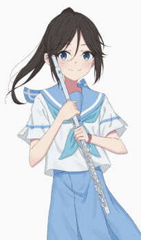 1girl absurdres black_hair blue_eyes blue_neckerchief blue_sailor_collar blue_skirt closed_mouth commentary_request flute hayateyade hibike!_euphonium highres holding holding_flute holding_instrument instrument kasaki_nozomi kitauji_high_school_uniform liz_to_aoi_tori long_hair long_skirt looking_at_viewer neckerchief ponytail sailor_collar school_uniform shirt short_sleeves simple_background skirt smile solo standing summer_uniform watch white_background white_shirt wristwatch