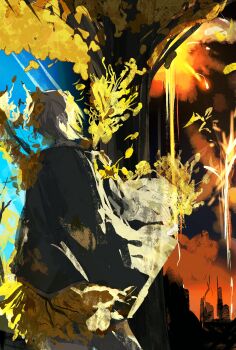 Rule 34 | 1girl, absurdres, branch, cityscape, coat, commentary, day, dongbaek (project moon), e.g.o (project moon), flower, grey coat, highres, limbus company, official alternate costume, petals, project moon, sixgod, sky, solo, spicebush (e.g.o), sunset, tree, white hair, yellow flower, yellow leaves, yellow petals