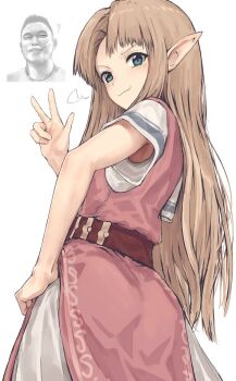 1boy 1girl :3 ? armpit_crease armpit_peek blue_eyes brown_hair castlevania_(series) character_request commentary cowboy_shot dress from_behind hand_on_own_hip long_hair looking_at_viewer nintendo pinafore_dress pink_dress pointy_ears princess_zelda puff_of_air richter_belmont sleeveless sleeveless_dress solo_focus super_smash_bros. the_legend_of_zelda v-shaped_eyebrows victory_pose yukitake_(bullfalk)