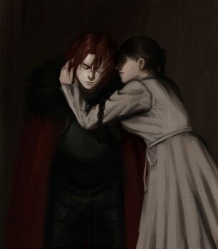 Rule 34 | 1boy, 1girl, auro of the nine, belt, black hair, black shirt, character request, cloak, closed eyes, commentary, dress, english commentary, fur collar, gloxartx, hand on another's head, highres, ponytail, red cloak, red hair, shadow slave, shirt, short hair, white dress