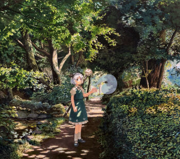 1girl black_hairband black_ribbon black_shoes bush collared_shirt commentary_request dappled_sunlight day full_body green_skirt green_vest hair_ribbon hairband hitodama hitodama_print konpaku_youmu konpaku_youmu_(ghost) marker_(medium) mary_janes nature neck_ribbon outdoors path puffy_short_sleeves puffy_sleeves ribbon road rock scenery shiratama_(hockey) shirt shoes short_hair short_sleeves skirt socks solo standing sunlight sword sword_on_back touhou traditional_media tree vest weapon weapon_on_back white_hair white_shirt white_socks