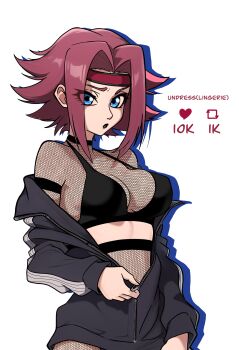 1girl absurdres armband black_armband black_bra black_lips blue_eyes bra breasts cleavage code_geass commentary cowboy_shot drop_shadow english_commentary english_text fishnet_pantyhose fishnet_top fishnets from_side goth_fashion headband highres jacket kouzuki_kallen like_and_retweet lipstick long_sleeves looking_at_viewer looking_to_the_side makeup medium_breasts midriff off_shoulder opened_by_self pantyhose parted_bangs parted_lips partially_open_jacket partially_unzipped raised_eyebrow red_hair red_headband redpostit see-through_clothes see-through_shirt shirt short_hair short_hair_with_long_locks sidelocks simple_background single_vertical_stripe solo spiked_hair standing track_jacket twitter_strip_game underwear undressing unzipping white_background