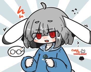 Rule 34 | 1girl, animal ears, black-framed eyewear, blue hoodie, chibi, clothes writing, commentary request, ears down, fang, flying sweatdrops, grey hair, highres, hood, hood down, hoodie, long sleeves, no eyewear, open mouth, original, puffy long sleeves, puffy sleeves, rabbit ears, red eyes, ringed eyes, round eyewear, sea urchin, short eyebrows, sleeves past wrists, solo, sunburst, sunburst background, thick eyebrows, uni souchou, unworn eyewear, upper body, vorpal bunny