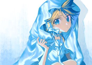 1boy ahoge blonde_hair blue_bow blue_eyes bow closed_mouth expressionless hashtag-only_commentary hayama_hashiwo headset highres kagamine_len male_focus neck_ribbon necktie ribbon shirt short_hair simple_background solo veil vocaloid white_background white_necktie white_shirt white_veil