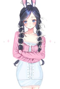 ahoge animal_ear_fluff animal_ears black_hair blue_eyes blush braid braided_twintails closed_mouth collarbone commentary cowboy_shot cross-laced_clothes cross-laced_dress cross-laced_top dress earrings hair_ribbon heart heart_earrings highres jacket jewelry loltinami long_hair long_sleeves parted_bangs pink_jacket rabbit_ears ribbon self-portrait short_dress simple_background single_earring standing symbol-only_commentary tinami_(vtuber) twin_braids vdonburi virtual_youtuber white_background white_dress white_ribbon