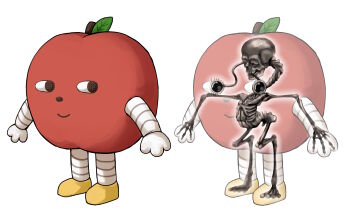 1other absurdres akiya_0919 apple closed_mouth cursed_fall_guy_(meme) food fruit full_body highres horror_(theme) idolmaster idolmaster_cinderella_girls looking_to_the_side meme multiple_views ringorou_(idolmaster) sideways_glance simple_background skeleton skull smile standing stretched_neck what white_background x-ray