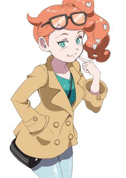 Rule 34 | 1girl, aqua eyes, aqua nails, aqua shirt, black-framed eyewear, breasts, brown coat, coat, collarbone, eyewear on head, hair ornament, hand in pocket, hand up, heart, heart hair ornament, highres, index finger raised, leaning forward, medium breasts, nintendo, odd nori, orange hair, pokemon, pokemon swsh, ribbed shirt, shirt, side ponytail, side ponytail with hair base, smile, solo, sonia (pokemon), swept bangs, v-neck