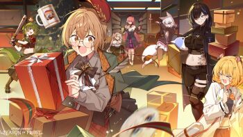 6+girls ahoge animal_ears armband artist_request ascot ayase_yuu ayase_yuu_(1st_costume) baseball_glove bat_(animal) beanie black_bow black_bowtie black_dress black_hair black_shirt black_shoes blonde_hair blue_eyes blue_hair boots bow bowtie box breasts brown_eyes brown_hair christmas_tree clio_aite clio_aite_(clio_2.0) coat collarbone collared_shirt copyright_name crocodile_girl cross cross_earrings dress earrings eimi_isami fox_ears fox_girl fox_tail gift gift_box glasses green_eyes green_hair green_sailor_collar grey_shirt hair_ornament hairclip hamster_ears hamster_girl hat highres jewelry long_hair midriff multicolored_hair multiple_girls navel necktie nitya_nil open_clothes open_coat open_mouth orange_bow orange_bowtie pantyhose phase_connect pink_hair quill red_armband red_hat rinkou_ashelia rinkou_ashelia_(lia_2.0) round_eyewear runie_ruse sailor_collar scar scar_across_eye scar_on_face school_uniform shirt shoes short_hair skirt stomach_tattoo streaked_hair sweat tail tattoo tenma_maemi tenma_maemi_(1st_costume) throwing white_ascot white_boots white_coat white_hair white_necktie