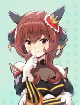 1girl animal_ears bare_shoulders blush braid braided_hair_rings breasts brown_hair closed_mouth detached_sleeves dress ear_covers ear_ornament gentildonna_(regina_dei_fiori)_(umamusume) gentildonna_(umamusume) gloves hair_between_eyes hair_ornament hair_rings heart-shaped_ornament heart_ear_ornament highres horse_ears horse_girl long_hair looking_at_viewer medium_breasts red_eyes see-through_cleavage see-through_clothes smile solo umamusume umipro upper_body white_gloves