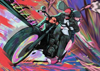 1boy 1girl absurdres black_hair black_pants chainsaw chainsaw_man collared_shirt dakaeya denji_(chainsaw_man) fourth_east_high_school_uniform highres holding jacket long_hair long_sleeves mitaka_asa monster_boy motor_vehicle motorcycle multiple_riders on_motorcycle open_mouth pants riding school_uniform sharp_teeth shirt short_hair sitting sleeves_rolled_up teeth white_shirt