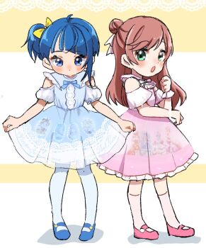 2girls aged_down blue_dress blue_eyes blue_hair blue_pantyhose blue_shoes bow center_frills character_print child clothing_cutout cure_butterfly cure_prism cure_sky cure_wing cut_bangs dress frilled_cuffs frilled_dress frills green_eyes hair_bow hair_bun hair_ribbon hirogaru_sky!_precure long_hair looking_at_self looking_down mary_janes matching_outfits multiple_girls nijigaoka_mashiro pantyhose pink_dress pink_hair pink_shoes pink_socks precure print_dress ribbon shoes short_hair short_sleeves shoulder_cutout side_ponytail single_hair_bun single_sidelock skirt_hold socks sora_harewataru white_ribbon yellow_bow yumi_san0112