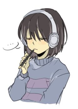 ... 1other animification blue_sweater blush brown_hair closed_eyes closed_mouth colored_skin commentary_request fingernails frisk_(undertale) hair_between_eyes hand_up headphones holding holding_pencil korean_commentary long_sleeves other_focus pencil puffy_long_sleeves puffy_sleeves short_hair simple_background solo speech_bubble spoken_ellipsis striped_clothes striped_sweater sweater turtleneck turtleneck_sweater undertale upper_body utdr_(toby_fox) white_background yellow_skin yx_won2
