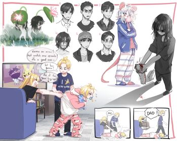 2boys 6+girls absurdres animal_ears beard black_hair black_pants black_shirt blonde_hair cat_baguette_(popopoka) couch english_text erika_(popopoka) facial_hair happy_tree_friends hat highres holding holding_stuffed_toy jacket leaf_girl_(popopoka) mimi_(popopoka) mouse_ears mouse_girl mouse_tail multiple_boys multiple_girls multiple_views original pacifier pants pink_jacket pink_pants popopoka popopoka_(character) scar scar_on_arm self-harm_scar shirt shoes short_hair short_sleeves sophie_(popopoka) speech_bubble standing striped_clothes striped_pants stuffed_animal stuffed_toy tail television water white_jacket