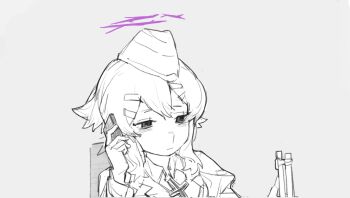 Rule 34 | 1girl, bags under eyes, beret, blue archive, cellphone, chair, collared shirt, gun, hair ornament, hairclip, half-closed eyes, halo, haruka (blue archive), hashcurantodash, hat, hatching (texture), holding, holding gun, holding phone, holding weapon, jacket, juliet sleeves, linear hatching, long sleeves, medium hair, monochrome, phone, puffy long sleeves, puffy sleeves, ronnie mcnut, shirt, shotgun, sidelocks, sitting, solo, spot color, upper body, weapon