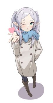 1girl absurdres black_pantyhose blowing_kiss blue_scarf boots brown_boots coat earrings elf floating_earrings frieren full_body green_eyes hand_on_own_hip heart highres jewelry knee_boots long_hair long_sleeves looking_at_viewer one_eye_closed pantyhose parted_bangs pointy_ears profnote scarf short_eyebrows simple_background solo sousou_no_frieren standing thick_eyebrows twintails white_background white_coat white_hair