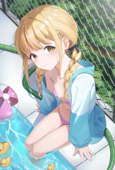 1girl absurdres ball beachball bikini blonde_hair blue_jacket braid breasts chain-link_fence fence fujita_kotone gakuen_idolmaster highres hose idolmaster jacket long_hair looking_at_viewer monmo_mu multicolored_jacket pink_bikini poolside rubber_duck small_breasts soaking_feet solo swimsuit twin_braids twintails two-tone_jacket yellow_eyes