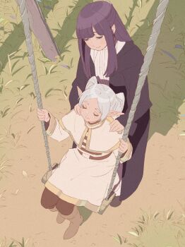 2girls 55bata6rou behind_another black_robe blunt_bangs boots brown_boots capelet closed_eyes closed_mouth dress elf fern_(sousou_no_frieren) frieren from_above full_body grass grey_hair hands_on_another's_shoulders highres long_hair long_sleeves multiple_girls on_swing outdoors parted_bangs pointy_ears purple_hair robe shirt sidelocks sitting smile sousou_no_frieren standing straight_hair striped_clothes striped_shirt swing tree twintails white_capelet white_dress