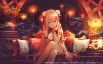 1girl aqua_nails architecture artist_collaboration bare_legs bare_shoulders blue_eyes bun_cover cabinet chaise_longue china_dress chinese_clothes cleavage_cutout clothing_cutout colorful_palette commentary_request couch crossed_legs curtains cushion darkness dot_nose double_bun dress east_asian_architecture elbow_rest fingernails game_cg gold_trim hair_between_eyes hair_bun hair_ornament hakunetsu!_kamikou_ouendan!_(project_sekai) head_rest highres incense_burner kuwabara_(mola_8) lantern long_hair looking_at_viewer lotus_lantern megurine_luka moon_gate number_tattoo official_alternate_costume official_art parted_lips pink_hair plate project_sekai shiny_skin shoulder_tattoo sitting smile smoke solo steam straight_hair table tassel tassel_hair_ornament tattoo thigh_strap tsurime two_side_up vase very_long_hair vocaloid white_dress wonderlands_x_showtime_luka