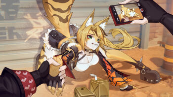 2girls absurdres animal_ear_fluff animal_ears black_boots black_gloves black_shorts blonde_hair body_fur boots breasts burnice_white cellphone cheetah_girl chinese_commentary cleavage commentary_request fingerless_gloves fur-trimmed_shorts fur_trim furrowed_brow furry furry_female garage_door gloves green_eyes highres holding holding_phone kangg kneeling large_breasts long_hair looking_at_viewer multicolored_fur multiple_girls outdoors parted_lips phone pov pulchra_fellini recording shorts smartphone solo_focus spiked_boots spiked_jacket tail white_fur yellow_fur zenless_zone_zero