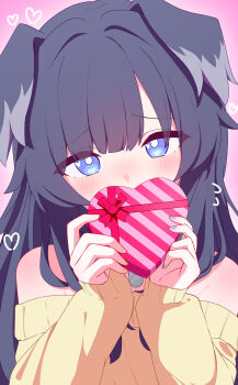 Rule 34 | 1girl, animal ears, black hair, blue archive, blue eyes, blue nails, box, bright pupils, commentary request, covering own mouth, dog ears, floppy ears, flying sweatdrops, gift, heart, heart-shaped box, hibiki (blue archive), highres, holding, holding gift, light blush, long sleeves, looking at viewer, nail polish, off-shoulder shirt, off shoulder, pink background, portrait, shirt, sofuran snipe, solo, straight-on, valentine, white pupils, yellow nails, yellow shirt