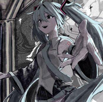 Rule 34 | 1girl, arm tattoo, black eyes, black skirt, black sleeves, blue hair, breasts, collared shirt, commentary request, detached sleeves, grey shirt, hair between eyes, hair ornament, hatsune miku, long hair, madai (si 202), muted color, necktie, ooparts (vocaloid), open mouth, outstretched arms, pillar, pleated skirt, shirt, skirt, sleeveless, sleeveless shirt, small breasts, solo, sparkle, tattoo, twintails, very long hair, vocaloid, wide sleeves