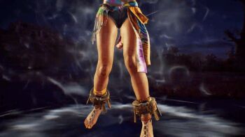1girl 3d animated animated_gif anklet ass bare_shoulders barefoot black_hair black_shorts breasts cleavage dark-skinned_female dark_skin female_focus fingerless_gloves game_screenshot gloves hair_ribbon jewelry large_breasts long_hair miary_zo mma_gloves namco navel outdoors ribbon sarong shorts solo tekken tekken_8 unzipped video_game_screencap yellow_nails yellow_ribbon